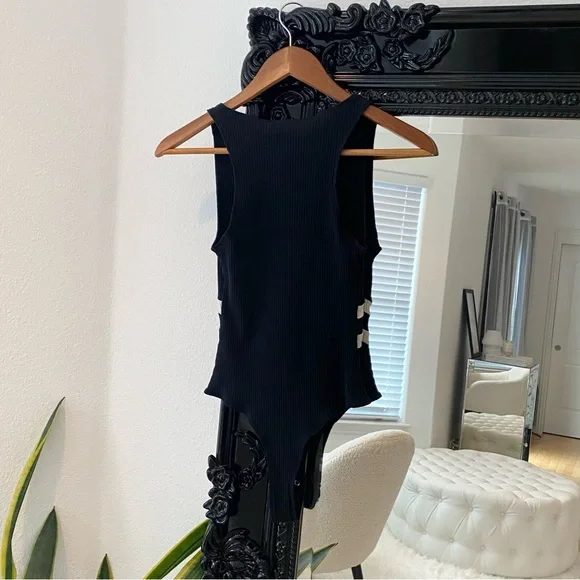 Revamped | Women’s Black Striped Plunge Ribbed Thong Bodysuit - Picture 2 of 4